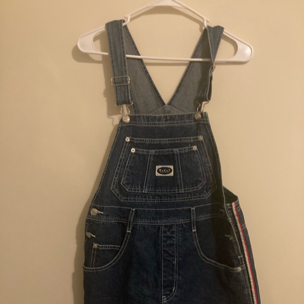 Dark Blue Denim Overall Shorts with Stripe Side